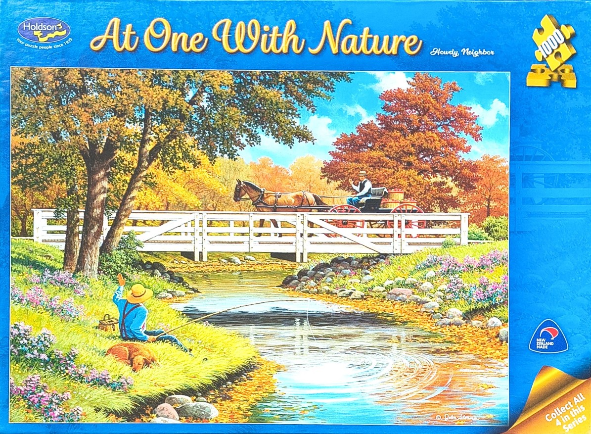 A nostalgic painting of a man fishing by a stream as a horse and carriage crosses a wooden bridge.