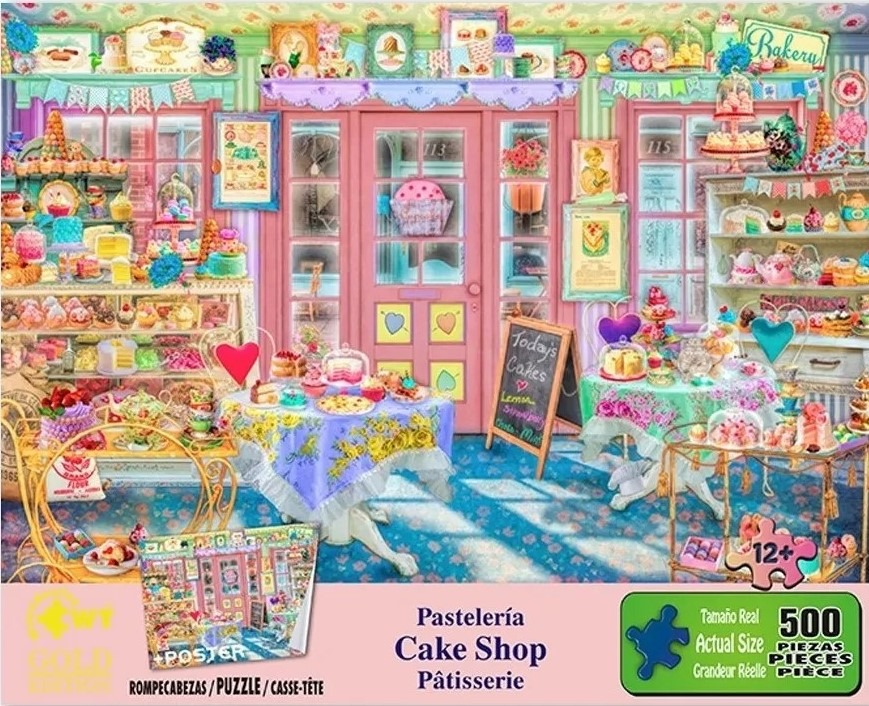 A vibrant, whimsical illustration of a pastel-colored cake shop interior filled with sweets and treats.