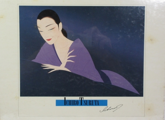 An elegant illustration of a woman in a purple kimono against a dark blue background by Ichiro Tsuruta.