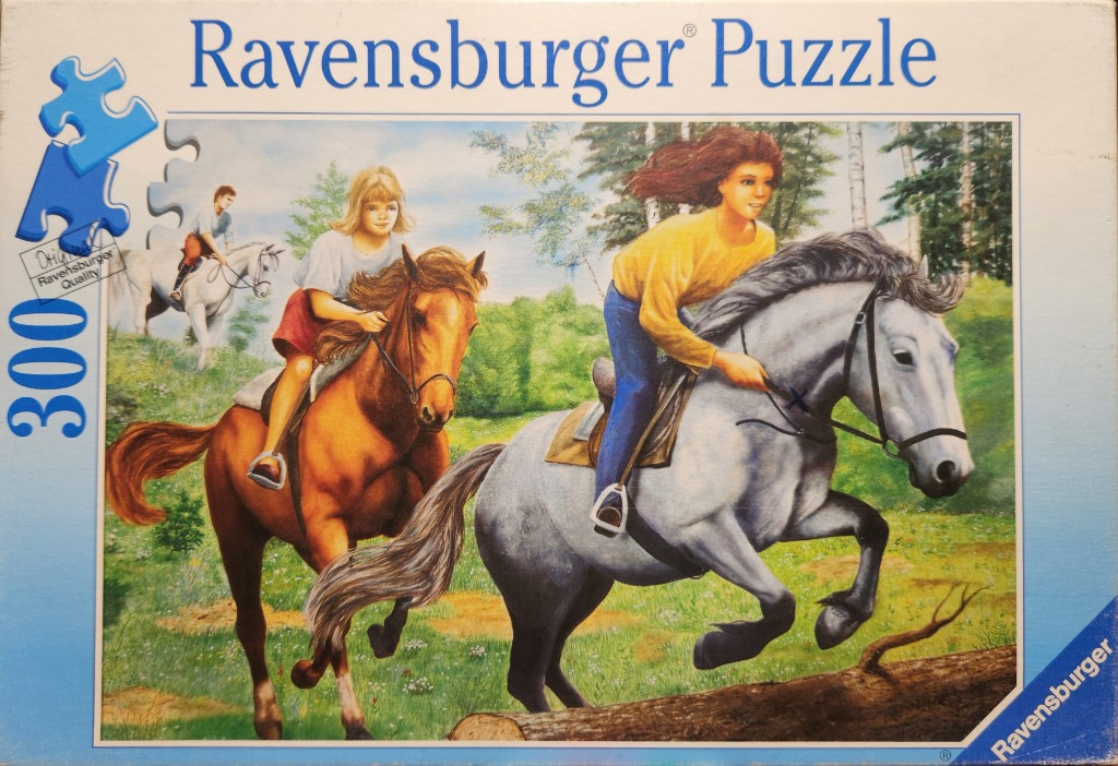 An illustration of three riders on horseback galloping through a sunny, green forest clearing.
