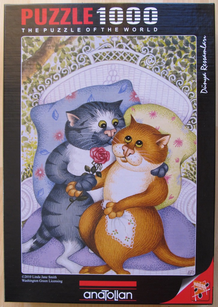 An illustration of a grey tabby cat presenting a red rose to an orange tabby cat sitting on an ornate white garden chair.