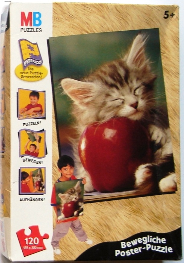 A photograph of a fluffy kitten with its eyes closed, resting its head on a large, shiny red apple.