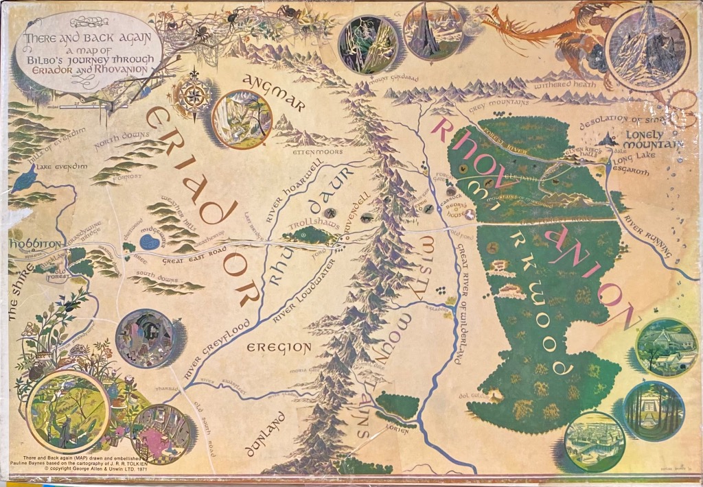 Illustrated fantasy map of Middle-earth showing mountains, forests, and journey landmarks in a vintage storybook style.