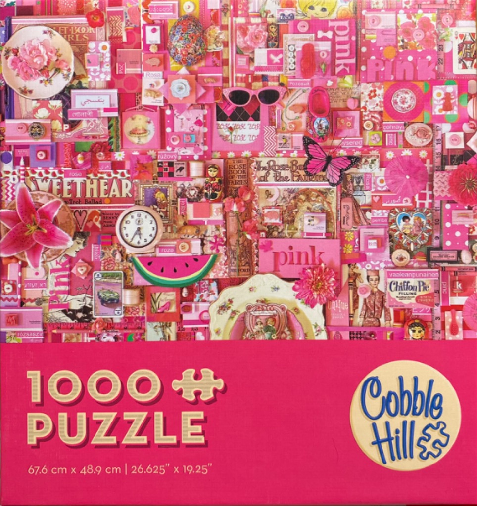 A dense collage of pink-themed vintage items, illustrations, and ephemera.
