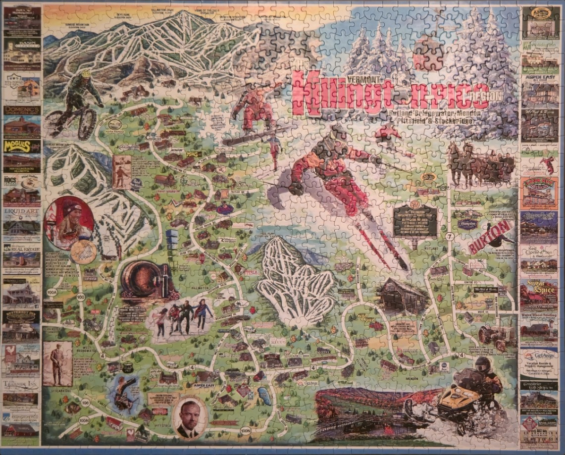 Illustrated map of the Killington, Vermont region featuring ski mountains, local businesses, and winter sports action.
