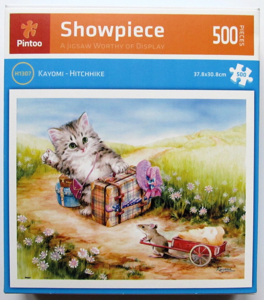 A fluffy tabby kitten hitchhiking on a country road with a mouse pulling a wagon of cheese.