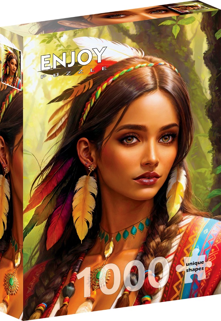 Digital portrait of a woman with long dark hair, feathers, and colorful tribal-style accessories in a lush forest.