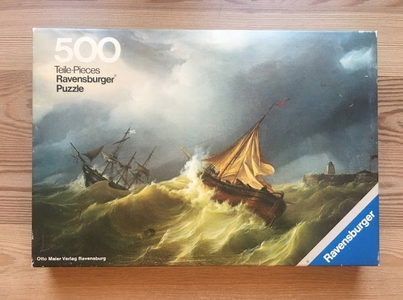Painting of a sailboat navigating rough, stormy seas with a larger ship in the background.