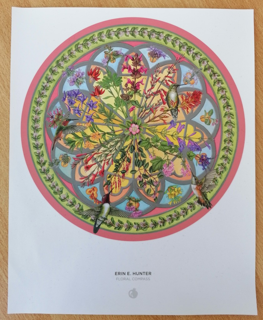 Circular illustration of hummingbirds and flowers arranged like a stained-glass compass