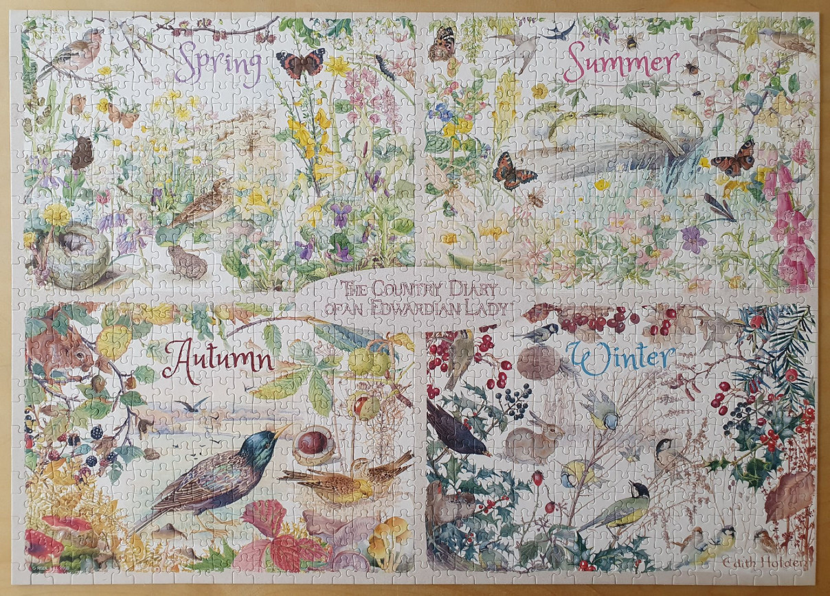 A four-part illustration themed around the seasons, featuring birds, flowers, and animals from The Country Diary.
