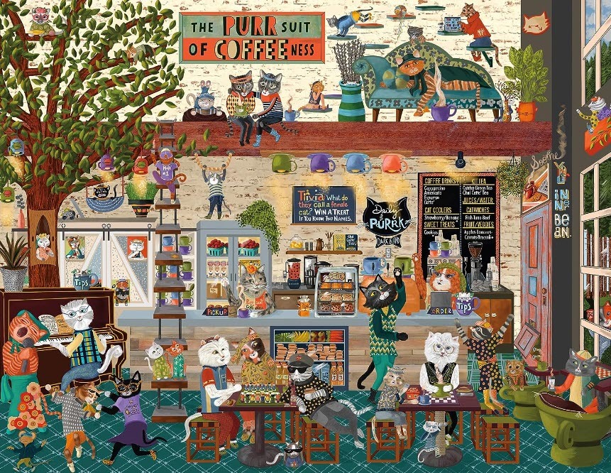 A whimsical cafe filled with anthropomorphic cats working and relaxing.