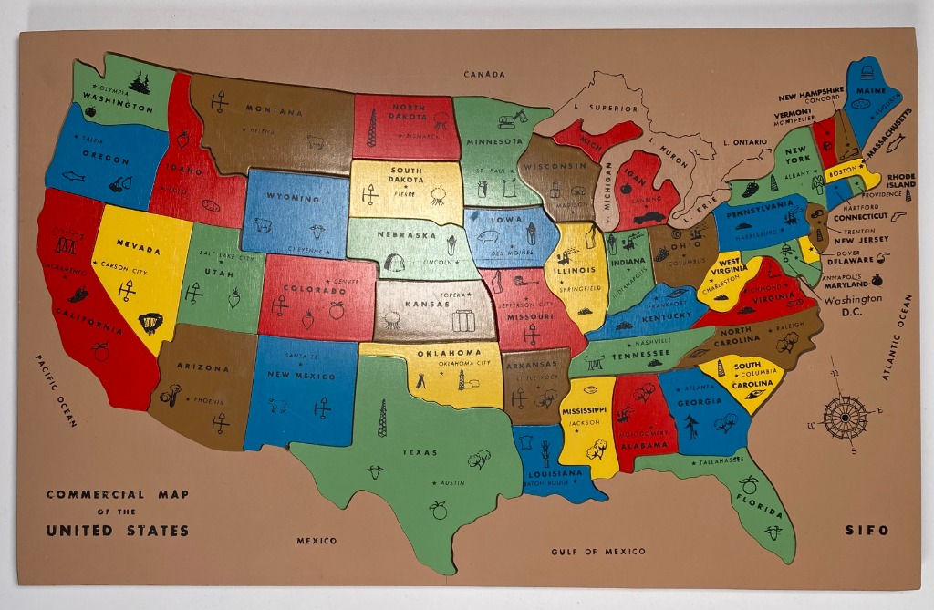 A vintage-style map of the United States with each state colour-coded and decorated with small icons.