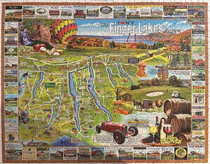 An illustrated map of the Finger Lakes region in New York, surrounded by small vignettes of local landmarks.
