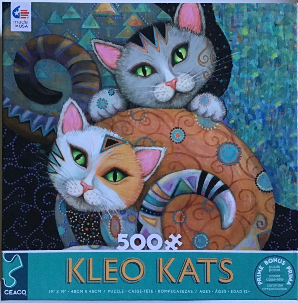 Two stylized cats with green eyes on a vibrant, patterned background.