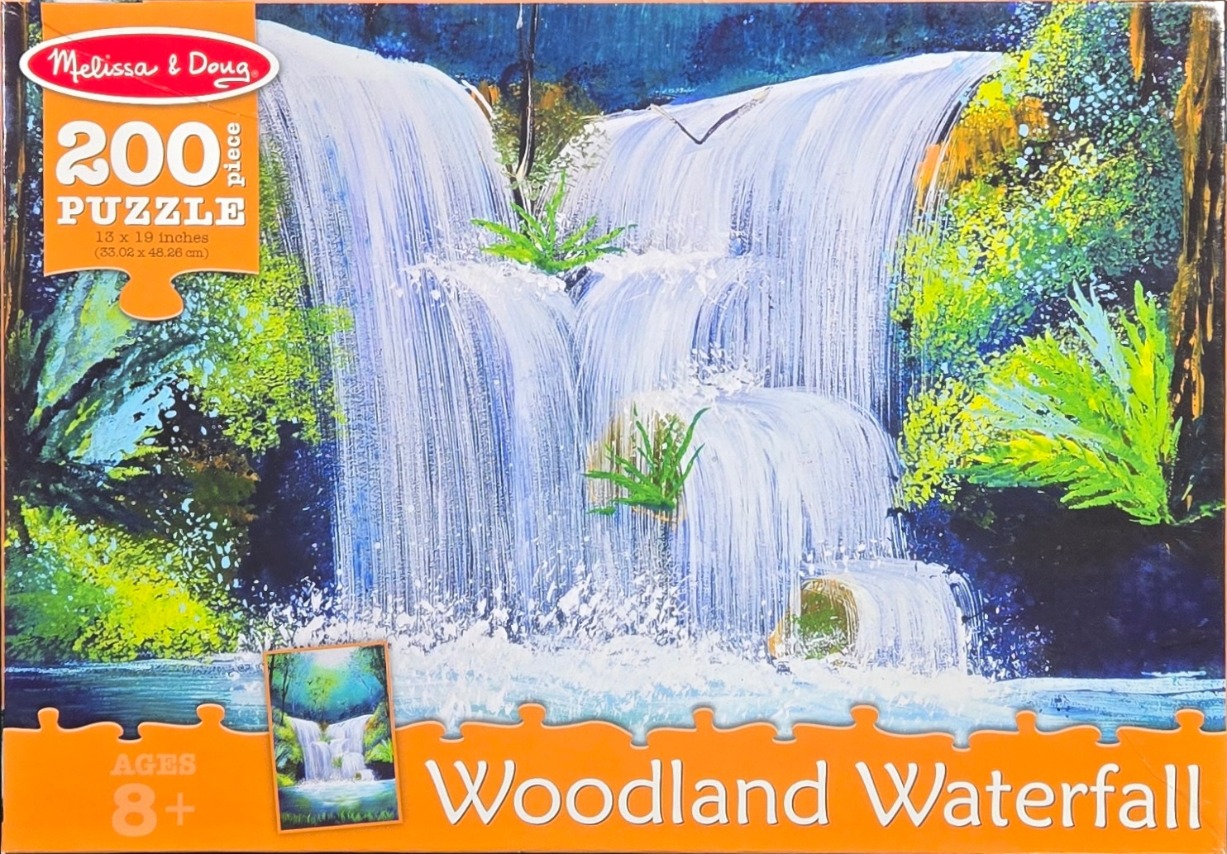 Impressionistic painting of a multi-tiered waterfall in a lush green woodland setting.