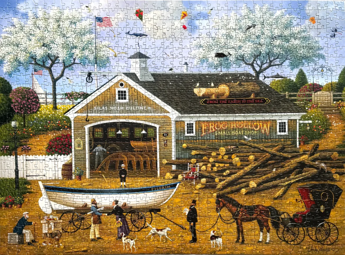 A charming illustration of a small boat shop named Frog Hollow, featuring a wooden workshop, logs, a boat, and figures.