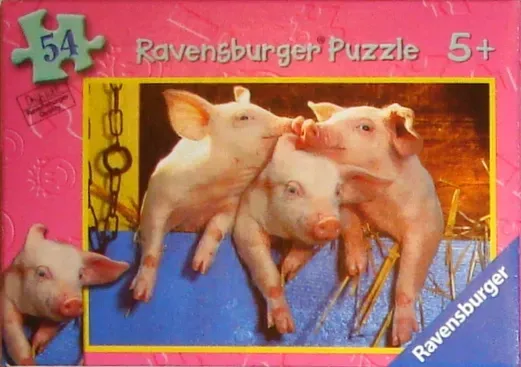 Four pink piglets huddled together inside a wooden barn structure