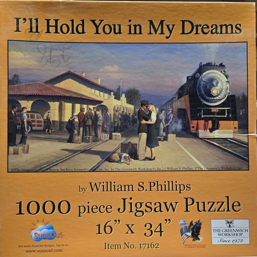 A nostalgic painting of a soldier and woman embracing on a train platform with a steam locomotive nearby.