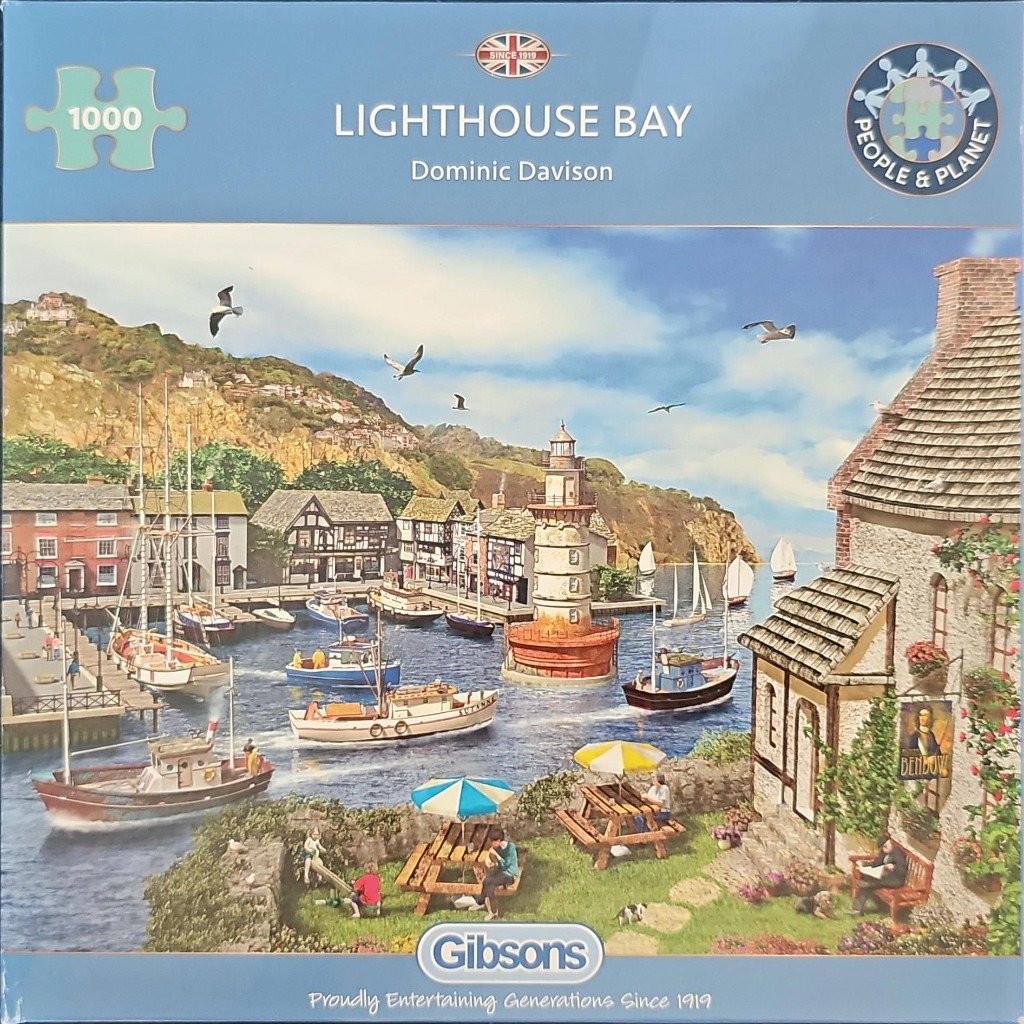 A peaceful coastal scene with a lighthouse, boats in a bay, and a riverside garden in front of a stone cottage.