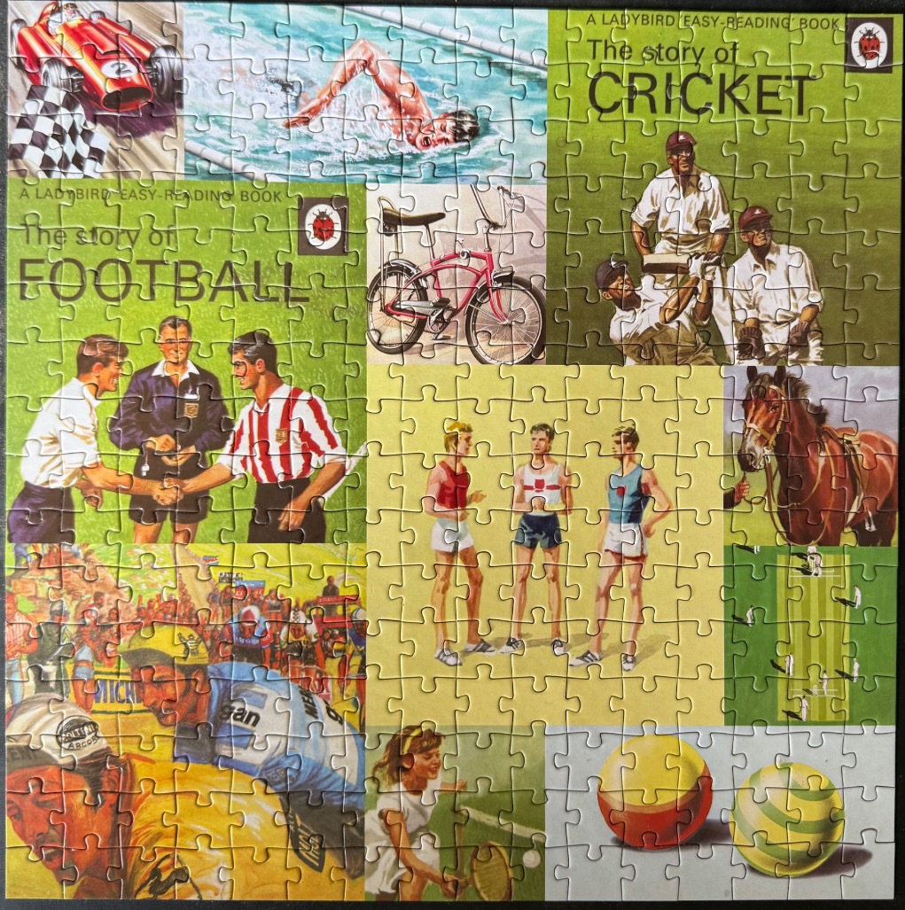 A collage of vintage book cover illustrations depicting various sports and recreational activities.