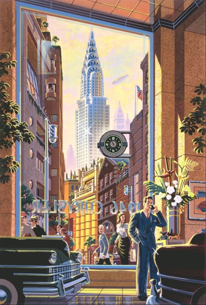 An art deco city street scene featuring the Chrysler Building through a large window.