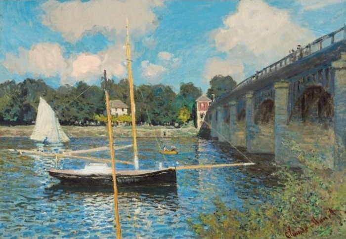 Impressionist oil painting of a sailboat on a river beside a stone bridge under a blue sky.