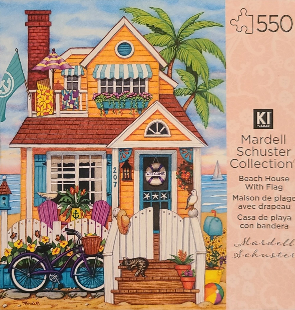A sunny, illustrated beach house with a bicycle, a cat on the steps, and a palm tree against a coastal background.