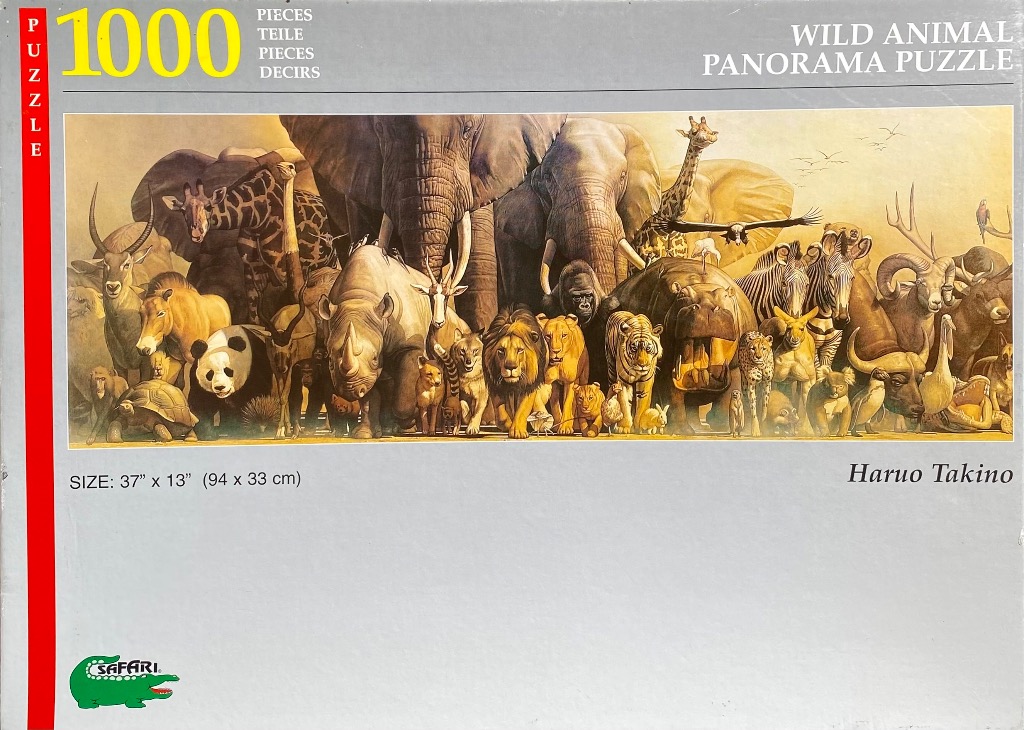 A panoramic illustration of diverse wild animals crowded together in a savanna setting.