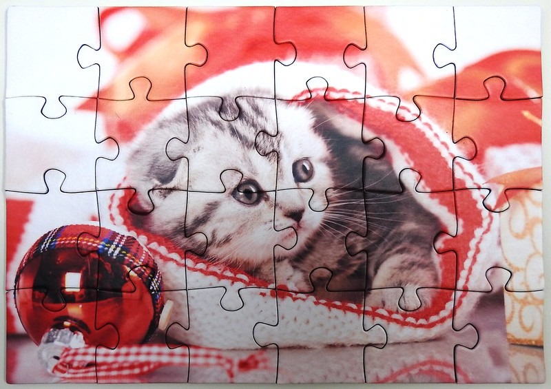 A Scottish Fold kitten peeking out of a Christmas stocking next to a red ornament.