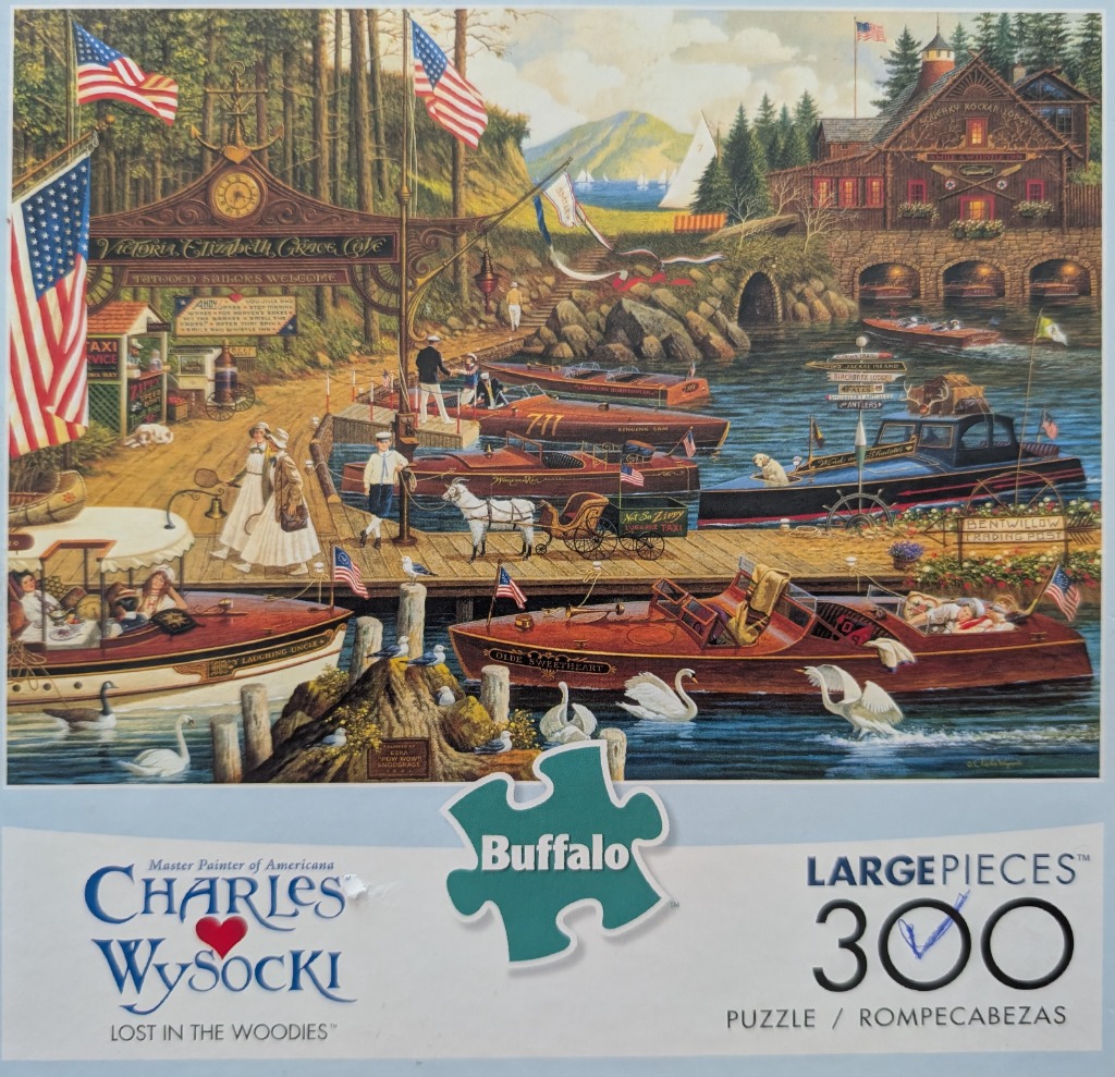 Nostalgic lakeside scene with vintage wooden speedboats, a mountain background, and a rustic lodge.