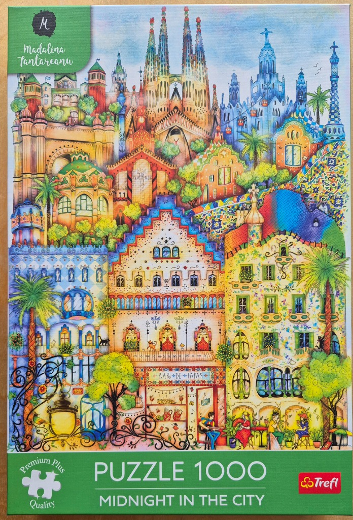 A vibrant, whimsical illustration of a dense cityscape inspired by Barcelona architecture.