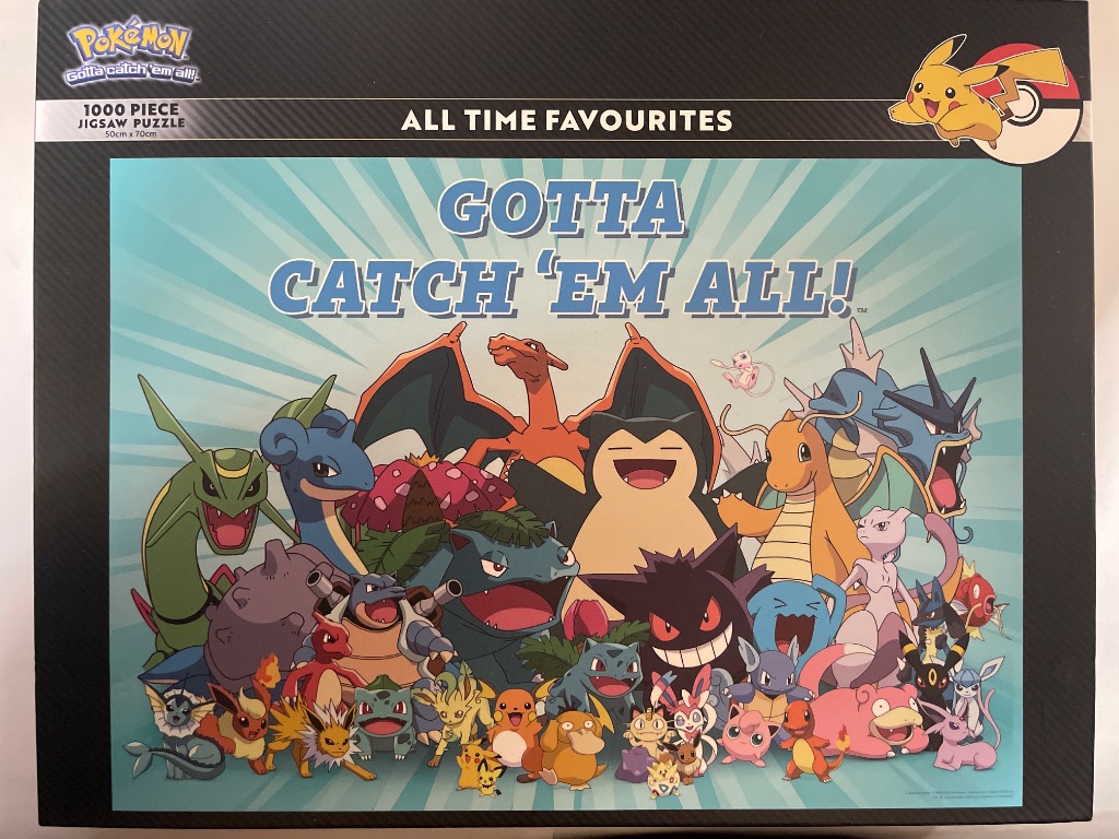 A montage of various Pokemon characters against a light blue sunburst background.