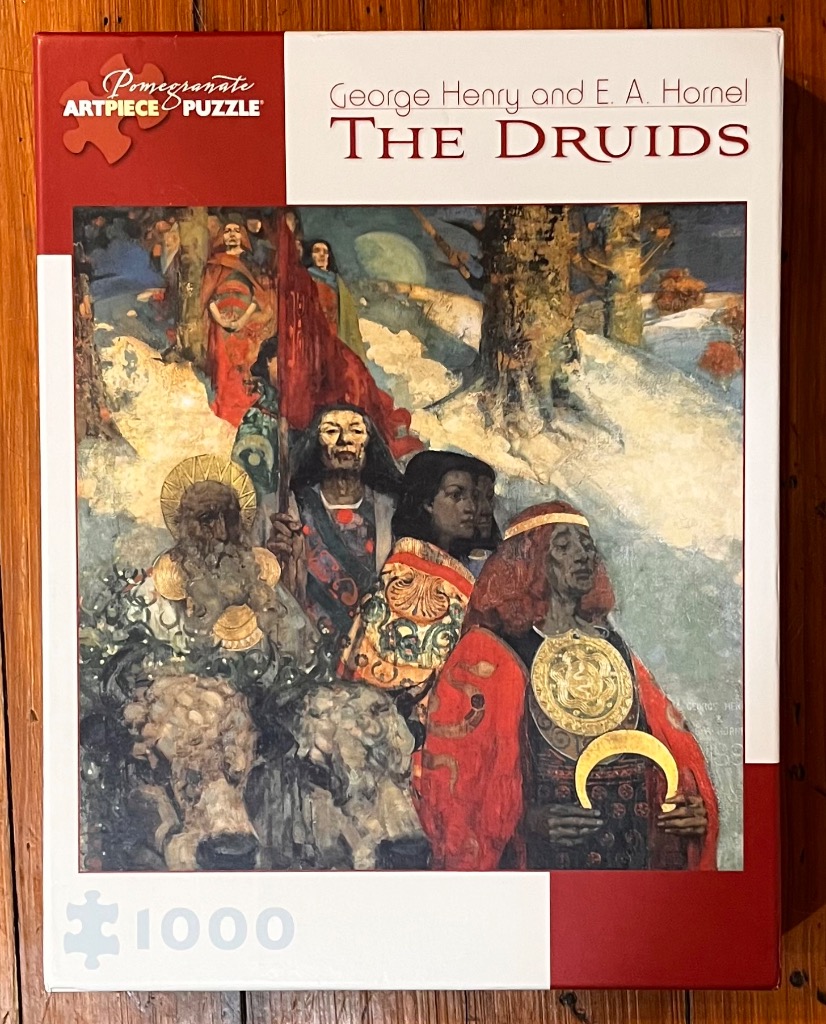 A painting of a procession of Druids in a winter forest, wearing ornate robes and gold ceremonial discs.