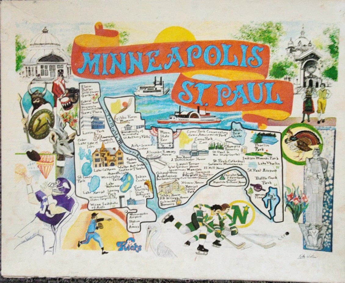 A whimsical hand-drawn map of Minneapolis and St. Paul featuring local landmarks, sports, and cultural icons.