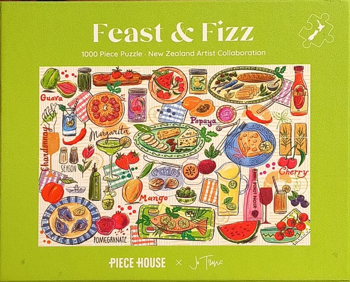 An illustrated collage of various foods, fruits, and drinks arranged against a light, patterned background.