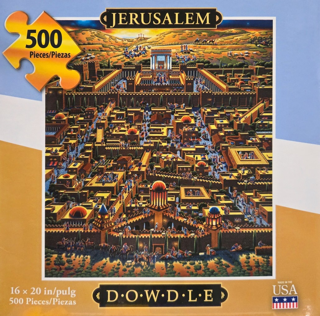 An illustration of an ancient walled city of Jerusalem with golden sunset lighting.