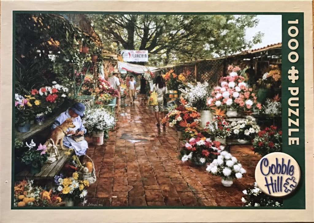 An oil painting of a vibrant, sunny flower market scene with people and a dog on a red brick path.