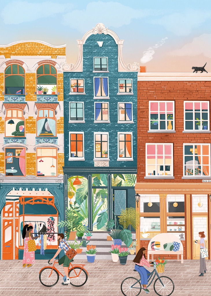A street-level illustration of three colorful European-style townhouses with people cycling on a paved street.