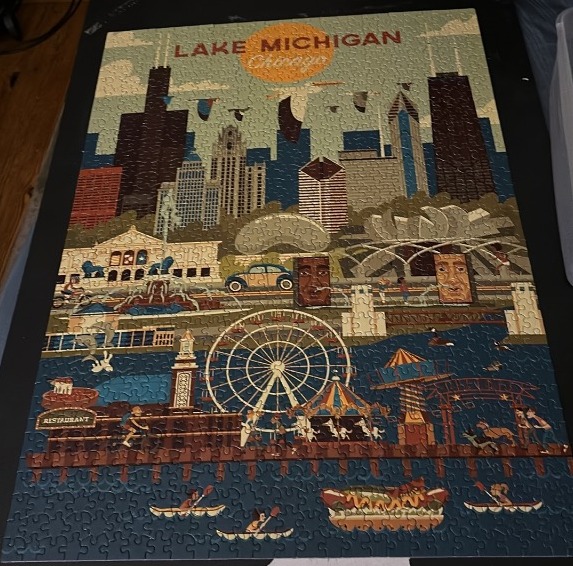 A vibrant, stylized travel-poster illustration of the Chicago skyline, Lake Michigan, and the Navy Pier at sunset.