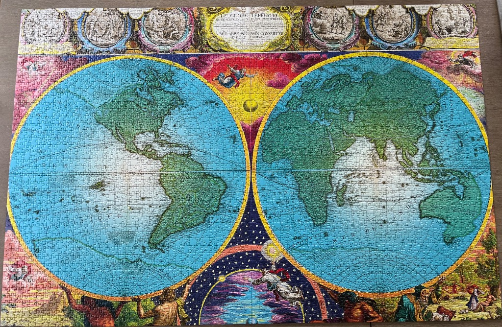 A vintage-style double-hemisphere world map featuring mythological illustrations, vibrant colors, and ornate borders.