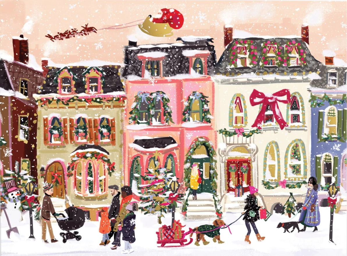A whimsical illustration of a snow-covered street with colorful townhouses and people celebrating Christmas.