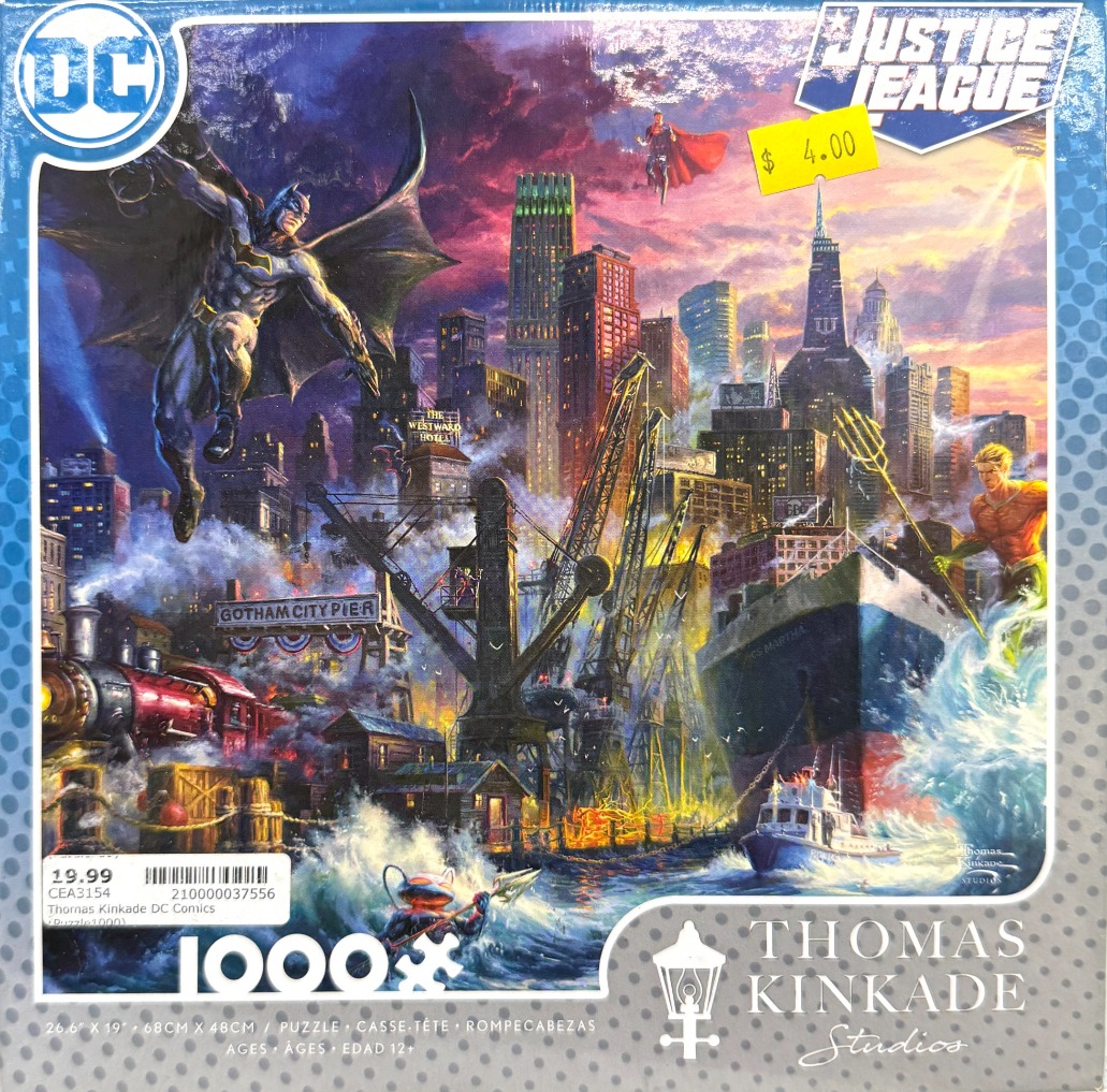Batman and other Justice League members overlooking a dramatic, painterly Gotham City dockside scene at sunset.