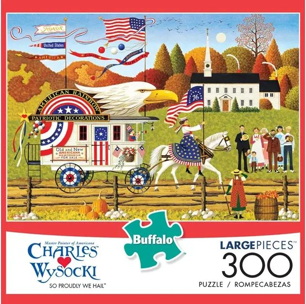 Folk art illustration of a colonial-style American parade scene with a horse-drawn wagon, church, and autumnal landscape.
