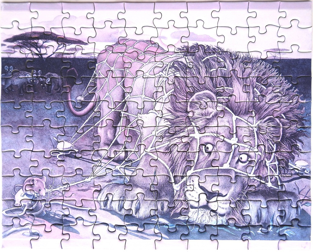 A lion trapped in a net looks toward a small mouse in this purple-toned illustration.