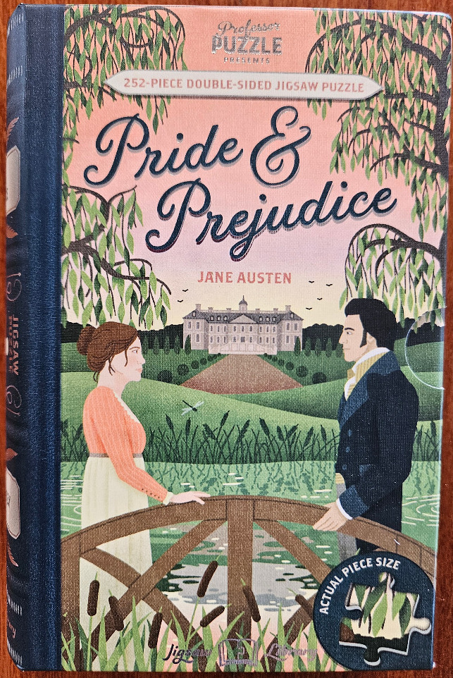 Illustration of Elizabeth Bennet and Mr. Darcy facing each other on a bridge with an estate in the background.