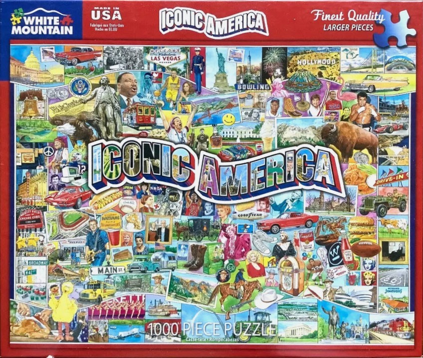 A dense collage of iconic American imagery and cultural symbols.