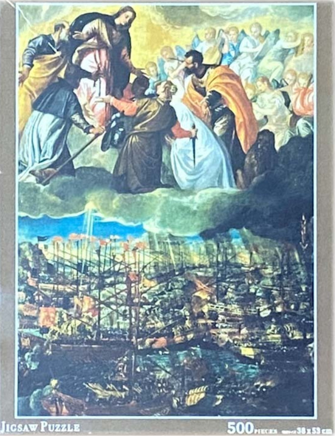 A classical oil painting depicting a celestial scene above a chaotic naval battle at sea.
