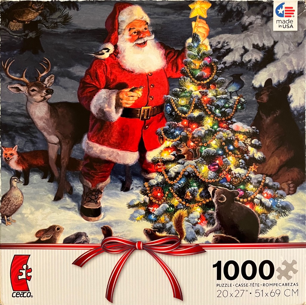 Santa Claus decorating a Christmas tree in a forest filled with woodland animals.