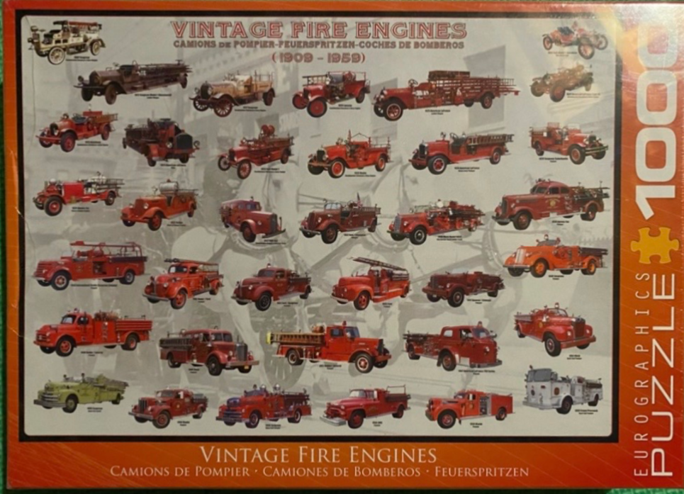 A collage of 25 historical fire engines arranged against a faded background of horse-drawn fire apparatus.
