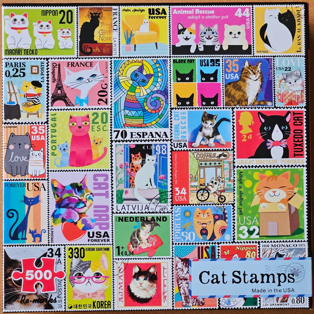 A collage of various colorful postage stamps featuring diverse cat illustrations.